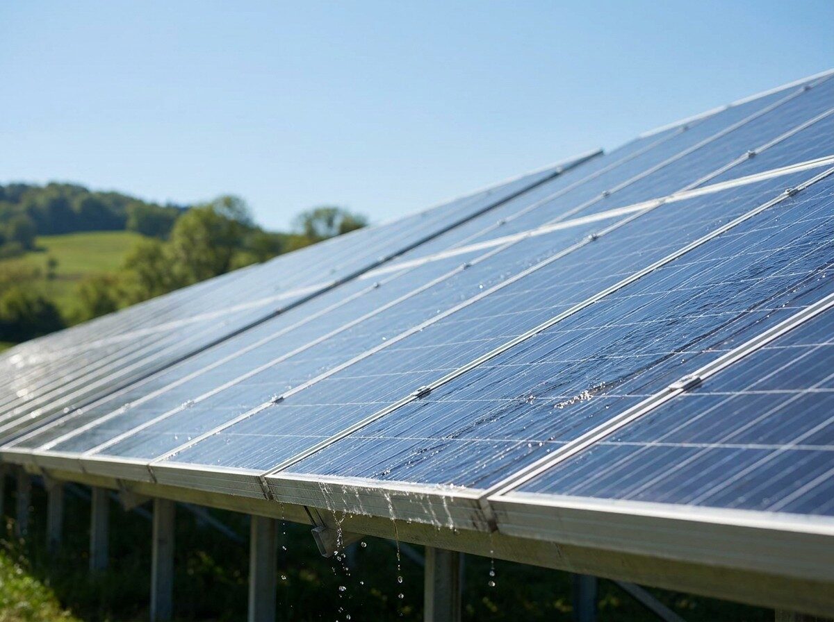 Solar panels kept spotless by the GENS Nano self-cleaning coating as rainwater sheets off